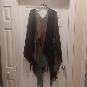 Multicolor Acrylic Fringed Knit Poncho Floral Reversible Cape Shawl Warm Blanket